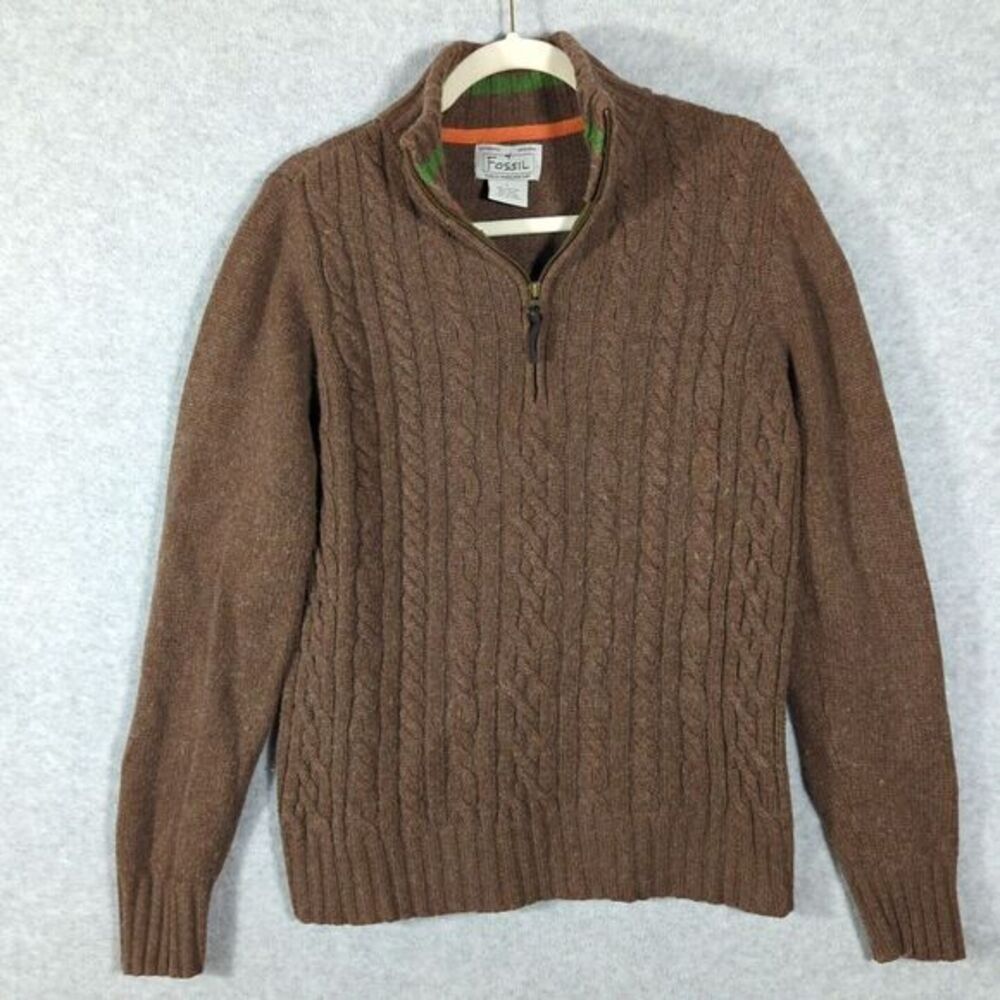 Fossil‎ Sweater Mens Large Cable Knit Mock Neck Zip Wool Blend Chunky Academia